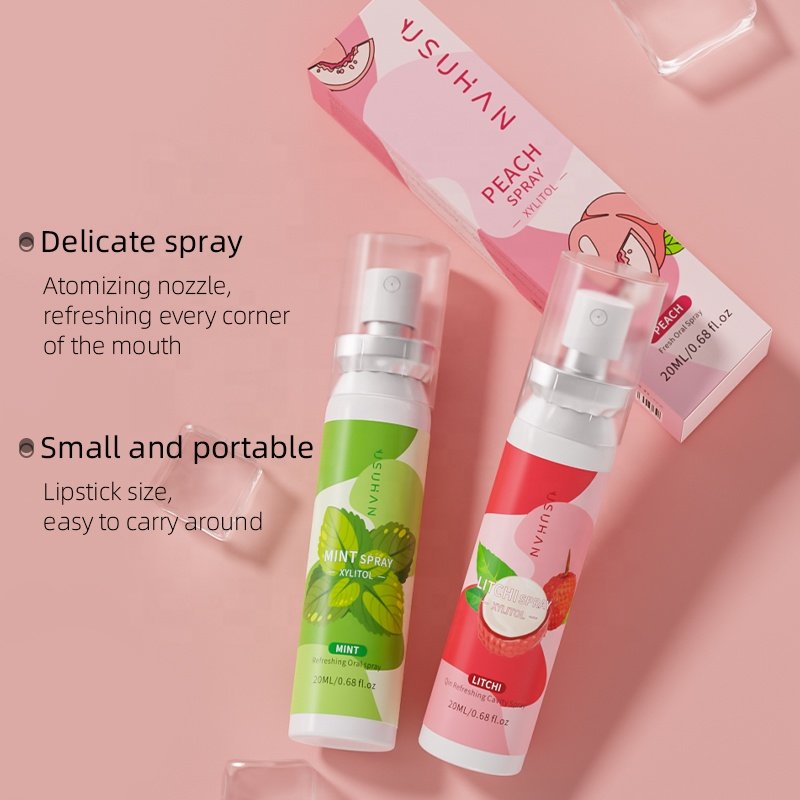 Hot Selling 100% Natural Organic English Version Portable Peach Litchi Fruit Breath Freshener Perfume Oral Mint Mouth Spray