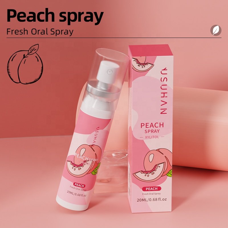 Hot Selling 100% Natural Organic English Version Portable Peach Litchi Fruit Breath Freshener Perfume Oral Mint Mouth Spray