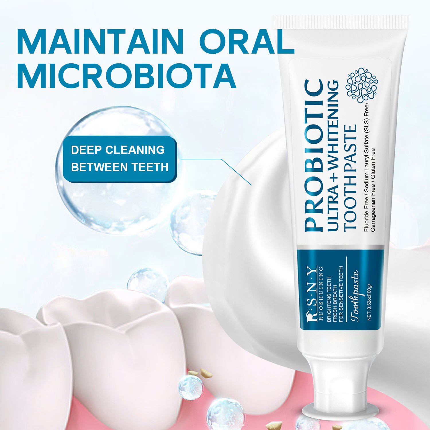 Organic probiotic ultra white toothpaste Freshens breath and whitens teeth