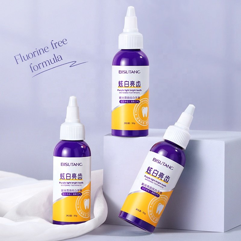 Wholesale Purple Toothpaste Removes Yellow Teeth Stains Odors Brightens Whitens Gums Freshens Breath Fluoride-Free Toothpaste