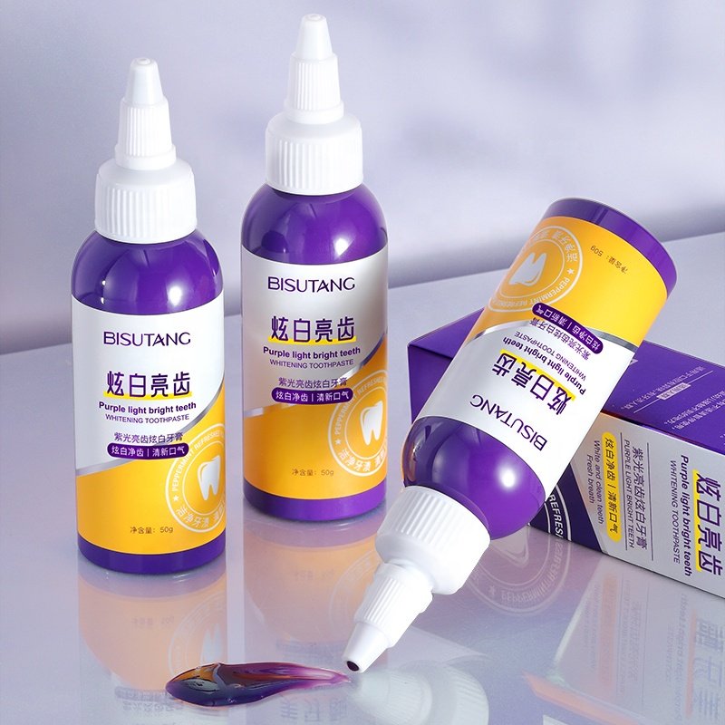 Wholesale Purple Toothpaste Removes Yellow Teeth Stains Odors Brightens Whitens Gums Freshens Breath Fluoride-Free Toothpaste