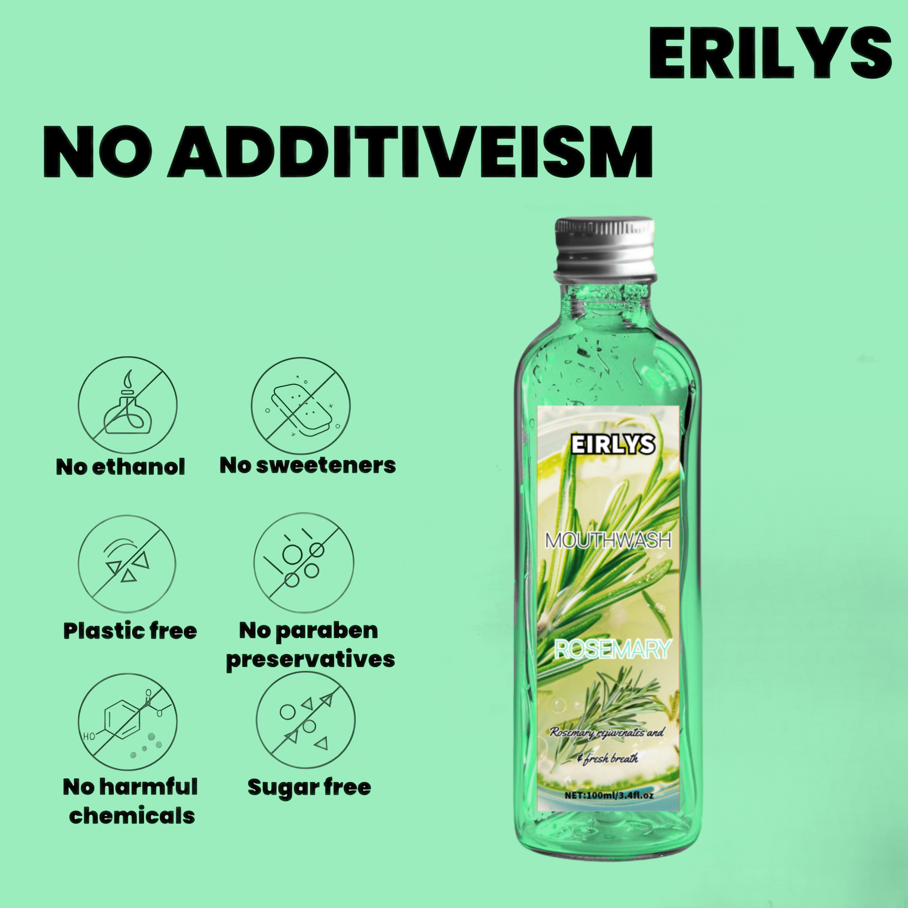 Rosemary Mouthwash, Refreshing Coconut Mint Lemon Alcohol-Free Oral Care with Breath Freshening Function