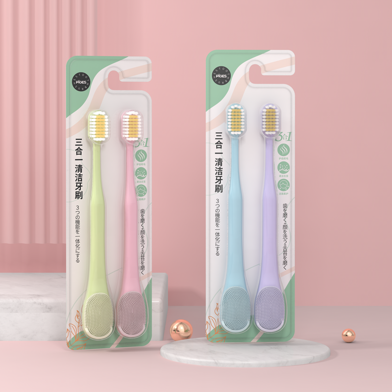 Custom Best Selling 2pcs Colorful 3 In 1 Soft Silicon Bad Breath Off Tongue Cleaner Brush With Toothbrush