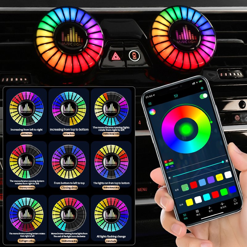 Car air outlet aromatherapy atmosphere light LED Bluetooth smart pickup rhythm light APP control wireless breathing light