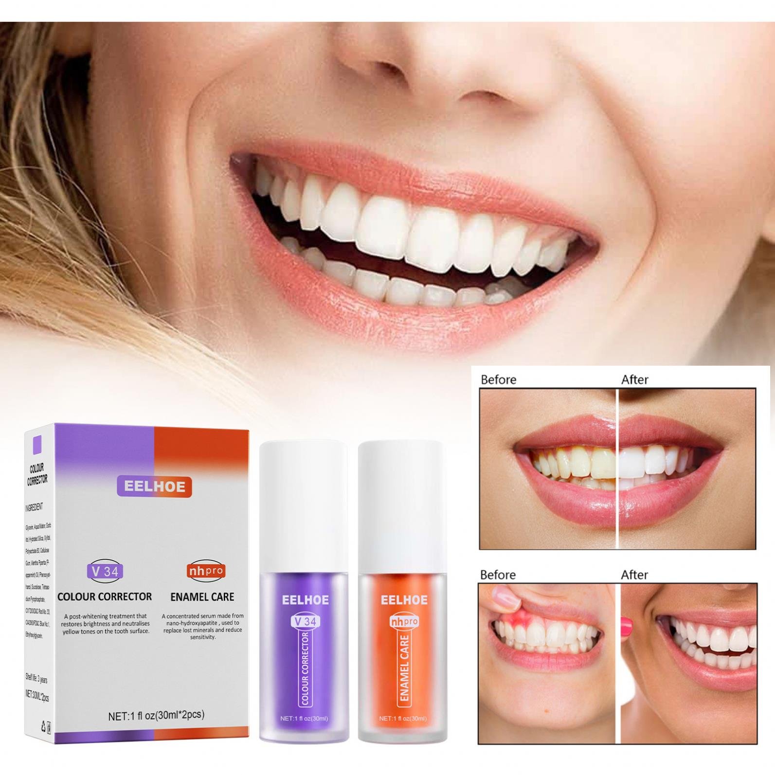 Costom Oem Private Label Colour Teeth Whitening Purple V34 Logo Colour Corrector Serum Toothpaste Whitening Foam Toothpaste