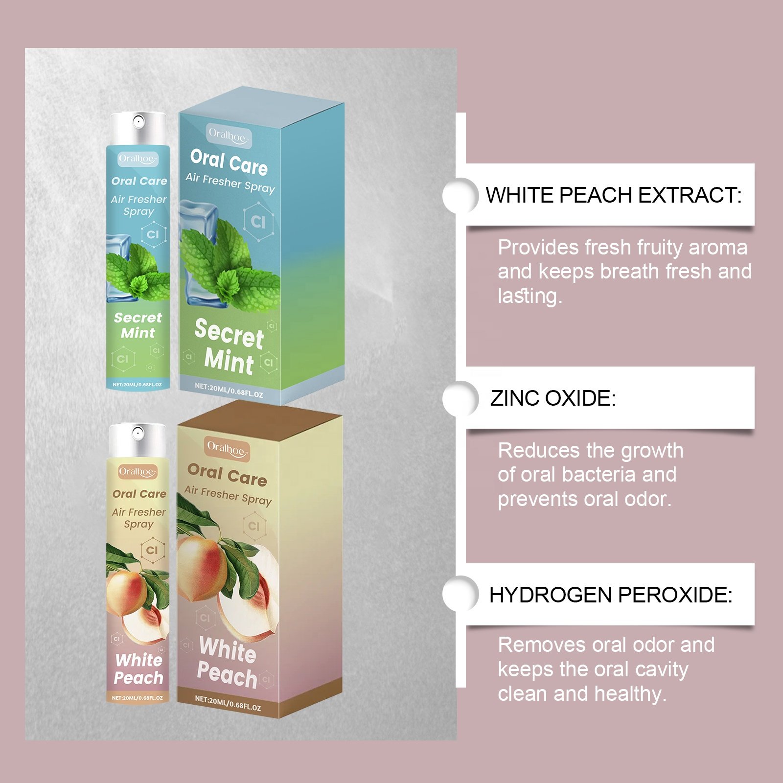 Private Label 100% Natural Oral Care Teeth Stains Bad Breath Remover White Peach Mint Fresh Breath Oral Mouth Freshener Spray