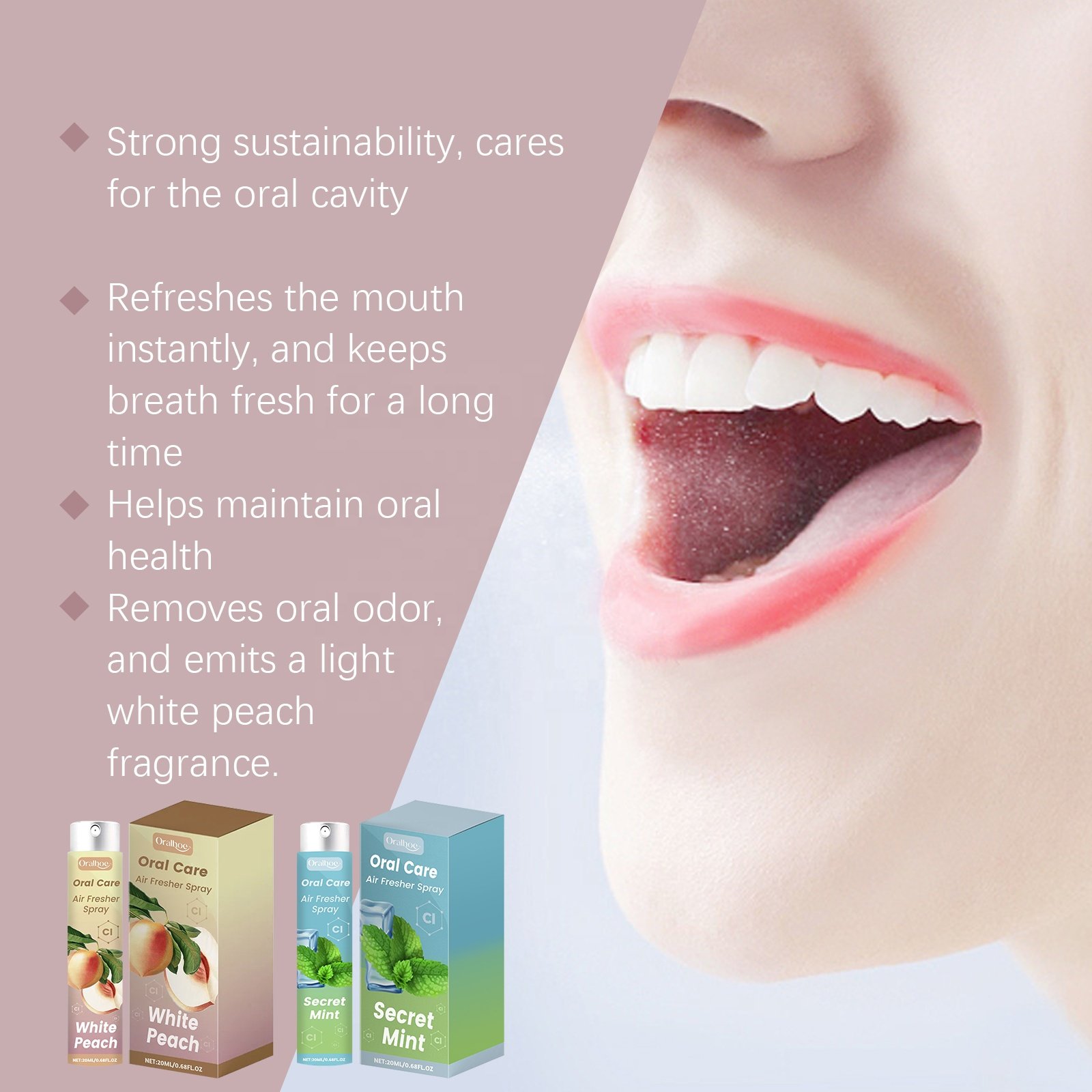 Private Label 100% Natural Oral Care Teeth Stains Bad Breath Remover White Peach Mint Fresh Breath Oral Mouth Freshener Spray