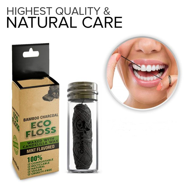 Vegan Bamboo Charcoal Dental Floss In Refillable Glass Container With OEM Logo