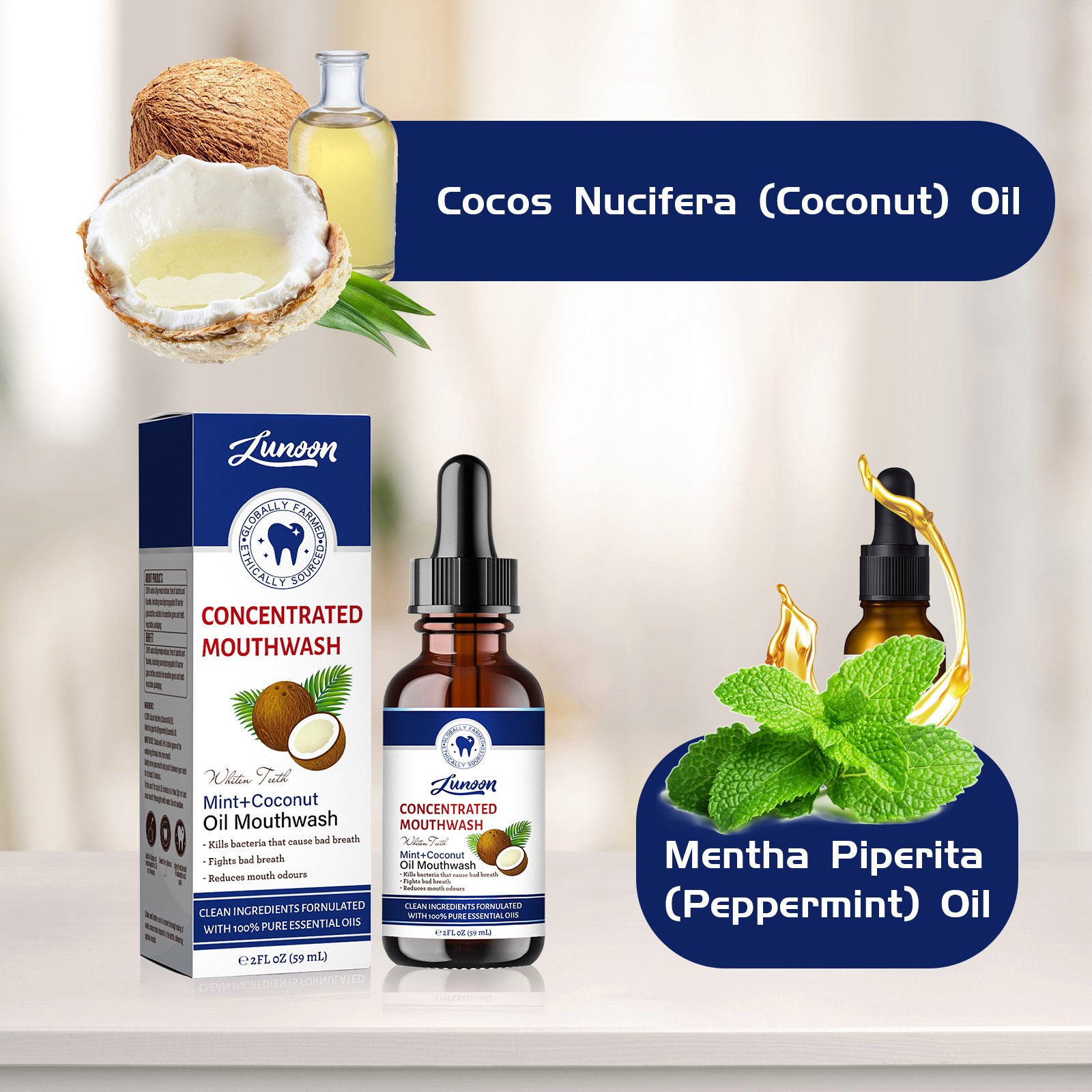 Fluoride-Free Mint Concentrated coconut Mouthwash with Natural Essential Oils Supports 300 Rinses Aids in Fresh Breath