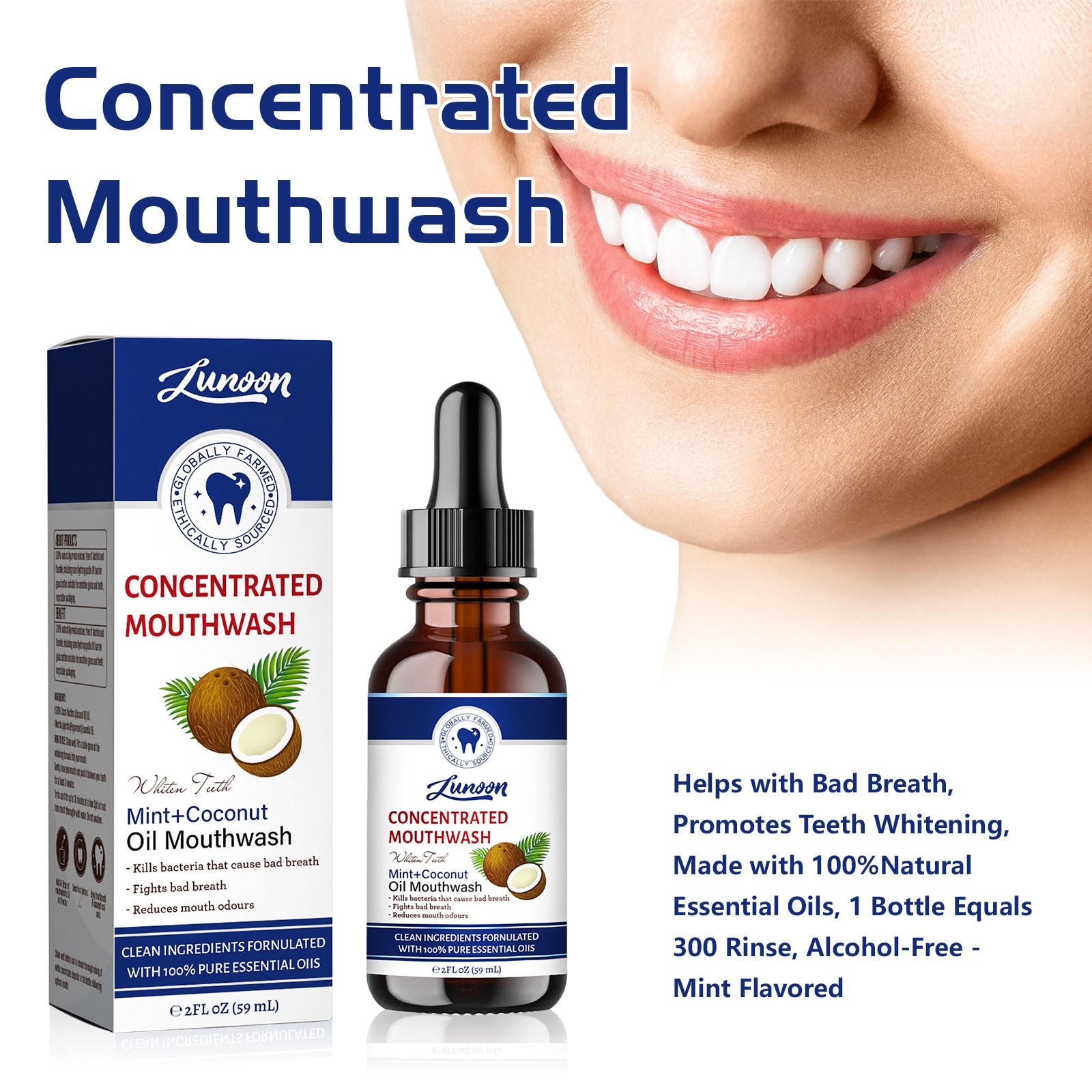 Fluoride-Free Mint Concentrated coconut Mouthwash with Natural Essential Oils Supports 300 Rinses Aids in Fresh Breath