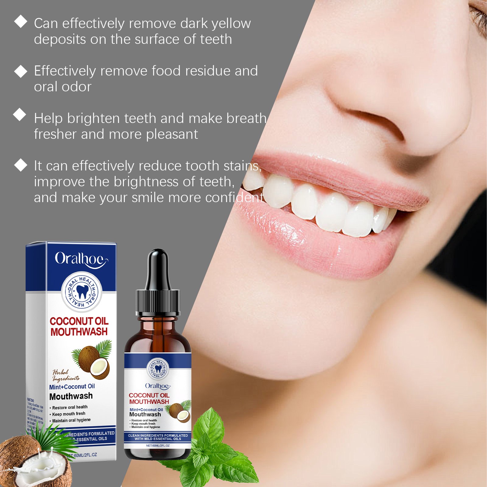 Eliminate yellowing of the mouth restore oral health freshen breath remove oral residues and hidden stains coconut oil mouthwash