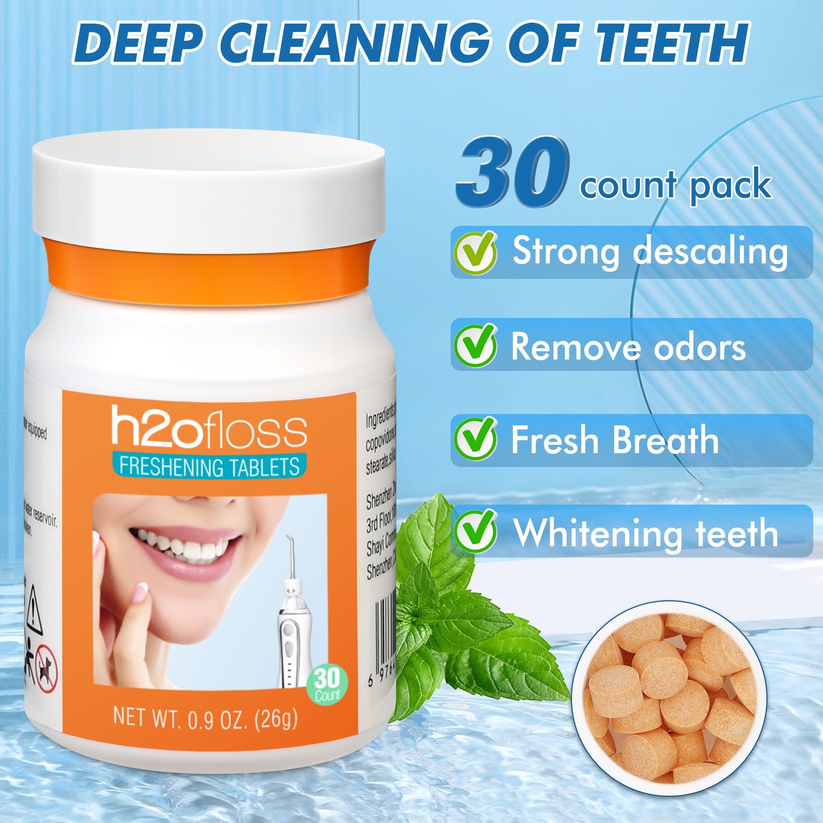 H2ofloss Newest Freshening Breathe Oral Care Set With Whitening Nozzles For Professional Oral Care Tablets