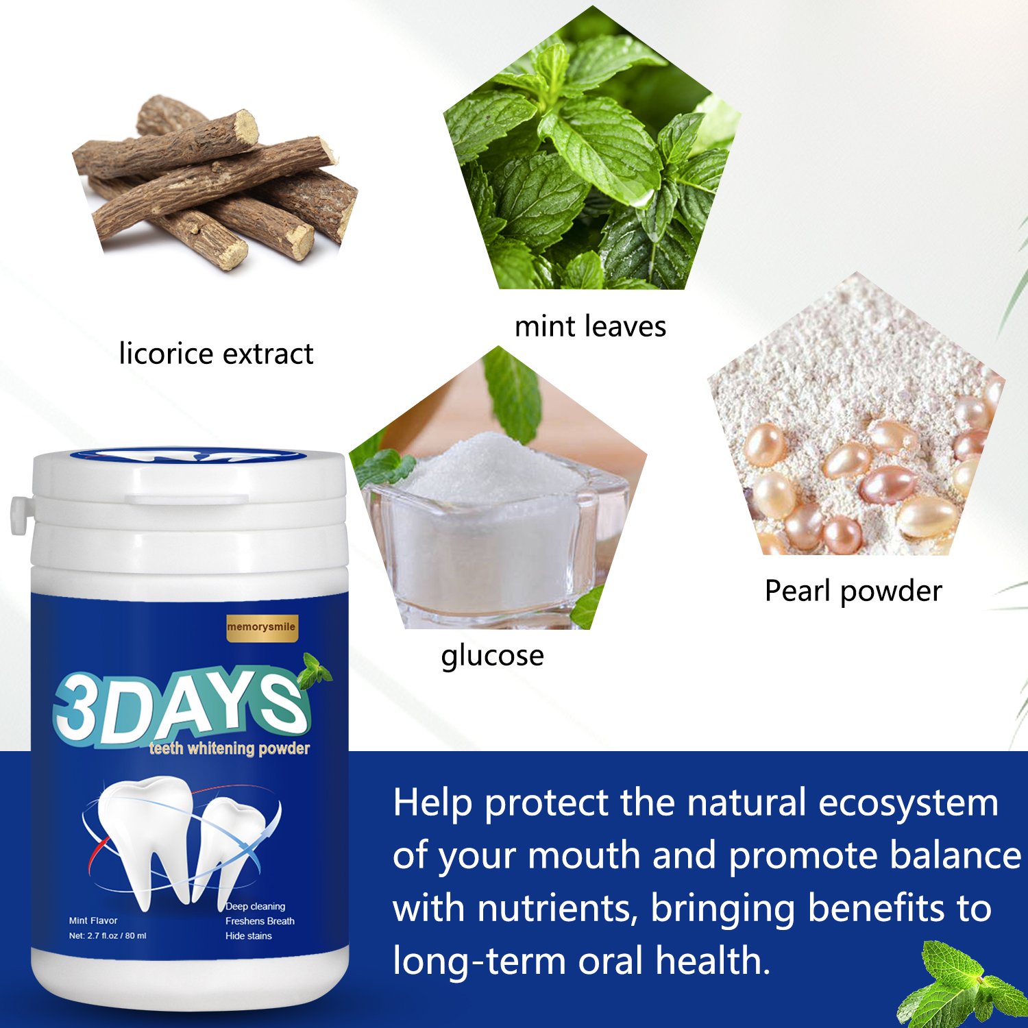 Private Label Teeth Whitening Powder 80ml Natural Mint Tooth Powder Whitening Breath Freshener Tooth Cleaning Powder