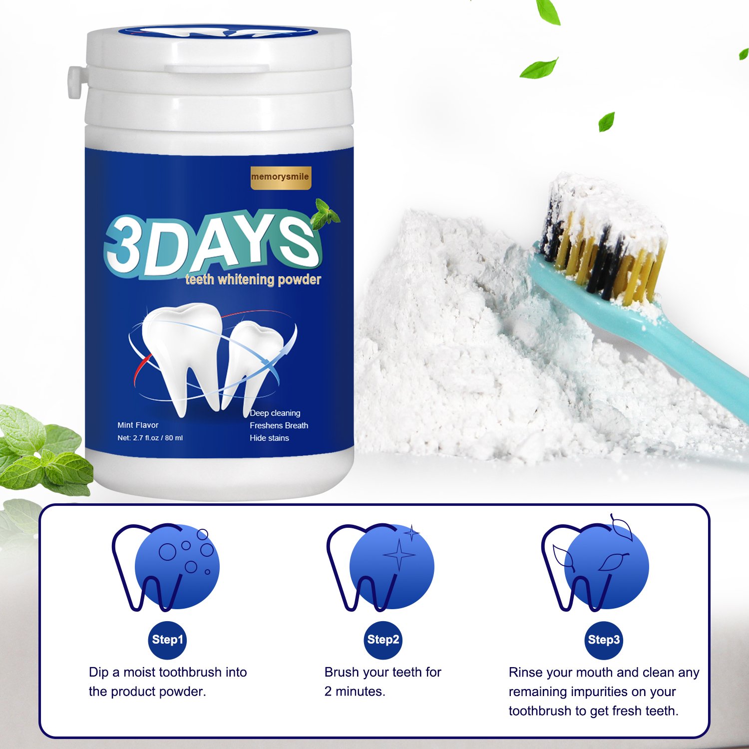 Private Label Teeth Whitening Powder 80ml Natural Mint Tooth Powder Whitening Breath Freshener Tooth Cleaning Powder