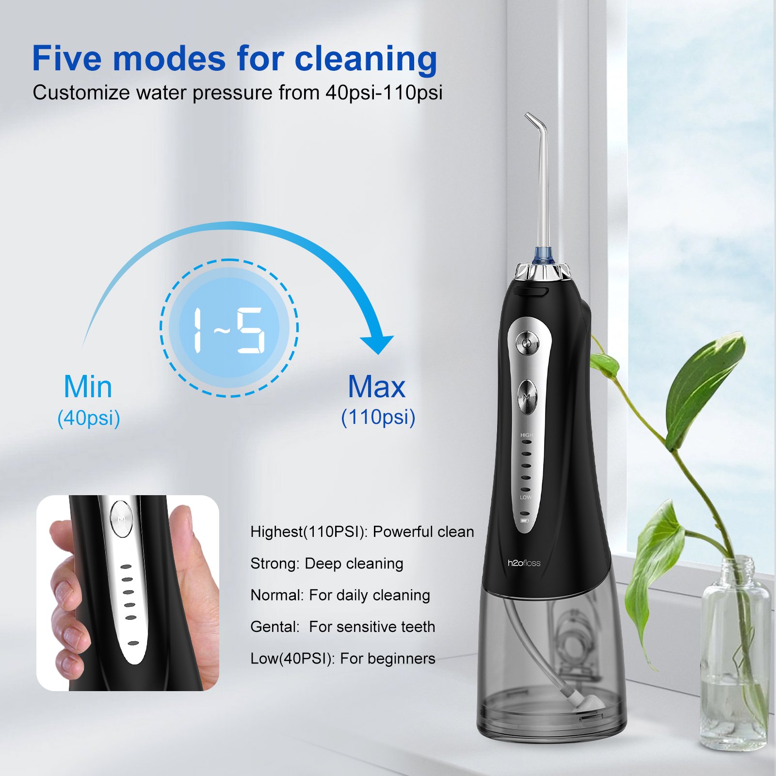 H2ofloss Portable Professional Electric Cordless Water Flosser 5 Modes Ultrasonic Oral Irrigator with CE Certificate