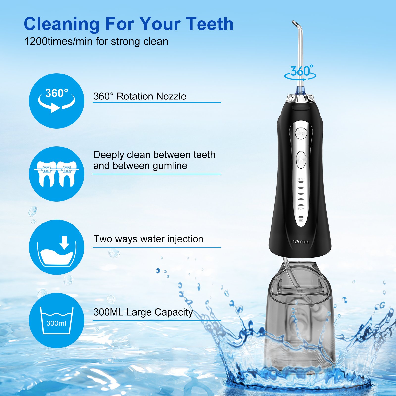 H2ofloss Portable Professional Electric Cordless Water Flosser 5 Modes Ultrasonic Oral Irrigator with CE Certificate