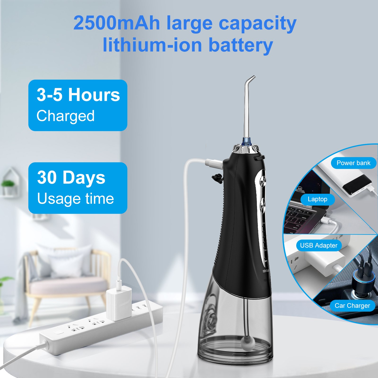 H2ofloss Portable Professional Electric Cordless Water Flosser 5 Modes Ultrasonic Oral Irrigator with CE Certificate