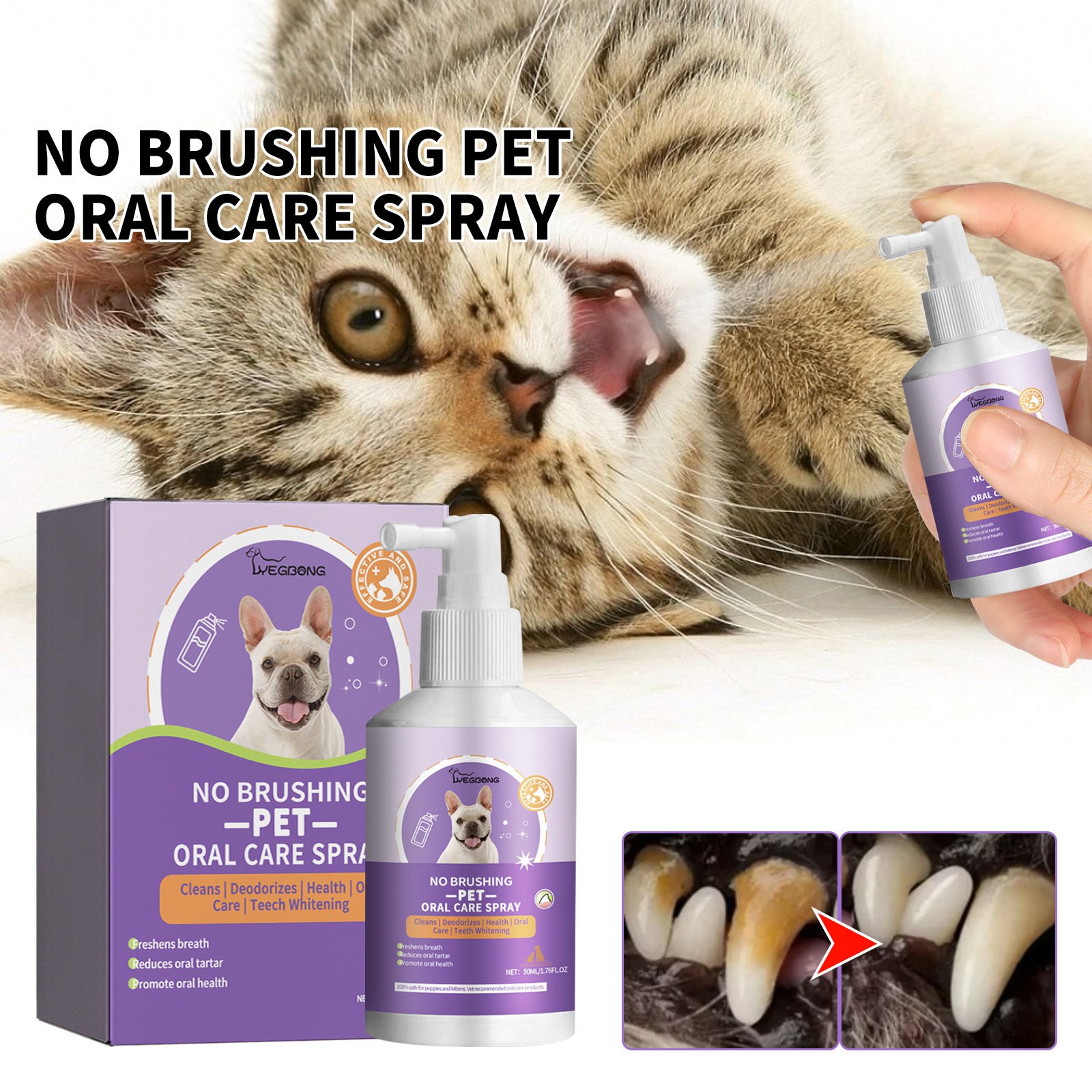 Pet Oral Care Spray Dog Mouth Breath Freshener Tooth Stains Removal Cleaning Spray No Brushing For Cats And Pets