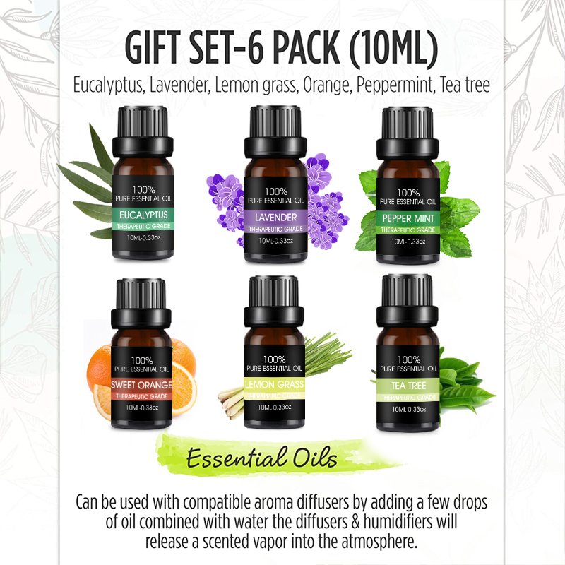 Best Set of 6 100%Natural, Best Therapeutic Grade Essential Oil - 6/10mL (Breathe, Good Sleep, Head Relief, Muscle Relief,,ect)