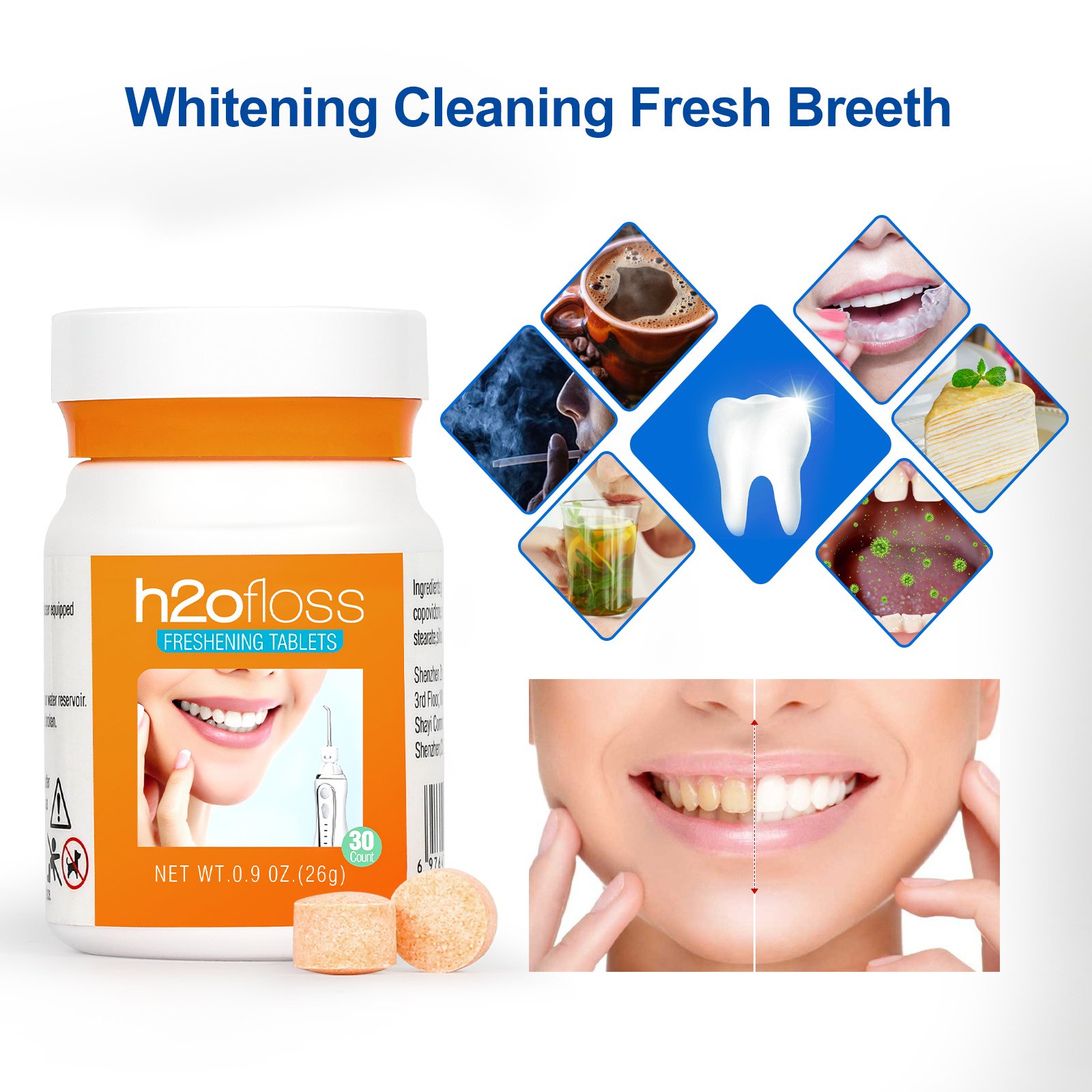 Fresh Mint Whitening Refill Tablets 30 Count For Use With h2ofloss Whitening Water Flosser freshing tablets