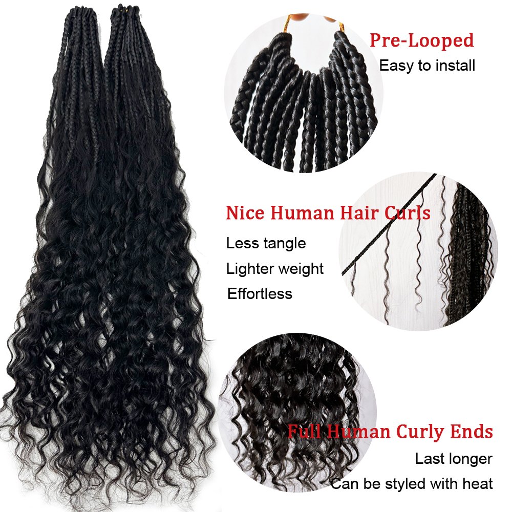 Natural Look Crochet Boho Box Braids With Human Hair Curls Pre Looped Braids With Curly Human Hair Full Ends