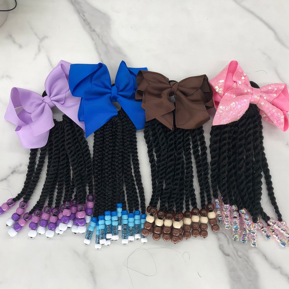 Kids Braid Twist Hair Ponytail Extension with beads bow rubber band 8inch Synthetic Wrap Around Ponytail for little girls kids