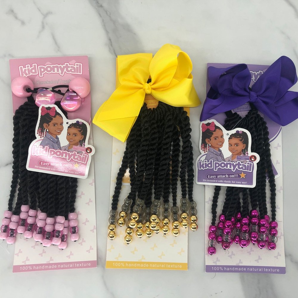 Kids Braid Twist Hair Ponytail Extension with beads bow rubber band 8inch Synthetic Wrap Around Ponytail for little girls kids