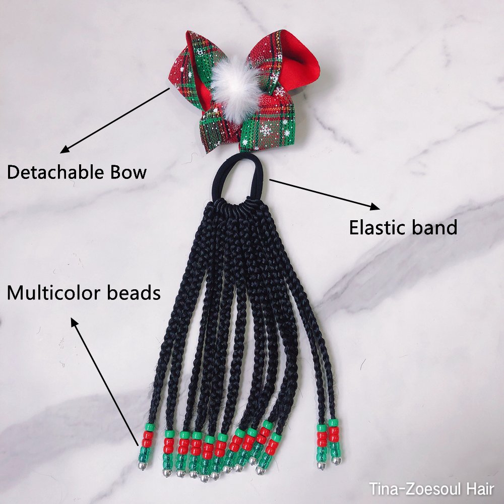 Kids Braid Twist Hair Ponytail Extension with beads bow rubber band 8inch Synthetic Wrap Around Ponytail for little girls kids