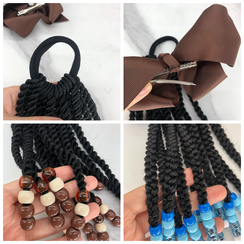 Kids Braid Twist Hair Ponytail Extension with beads bow rubber band 8inch Synthetic Wrap Around Ponytail for little girls kids