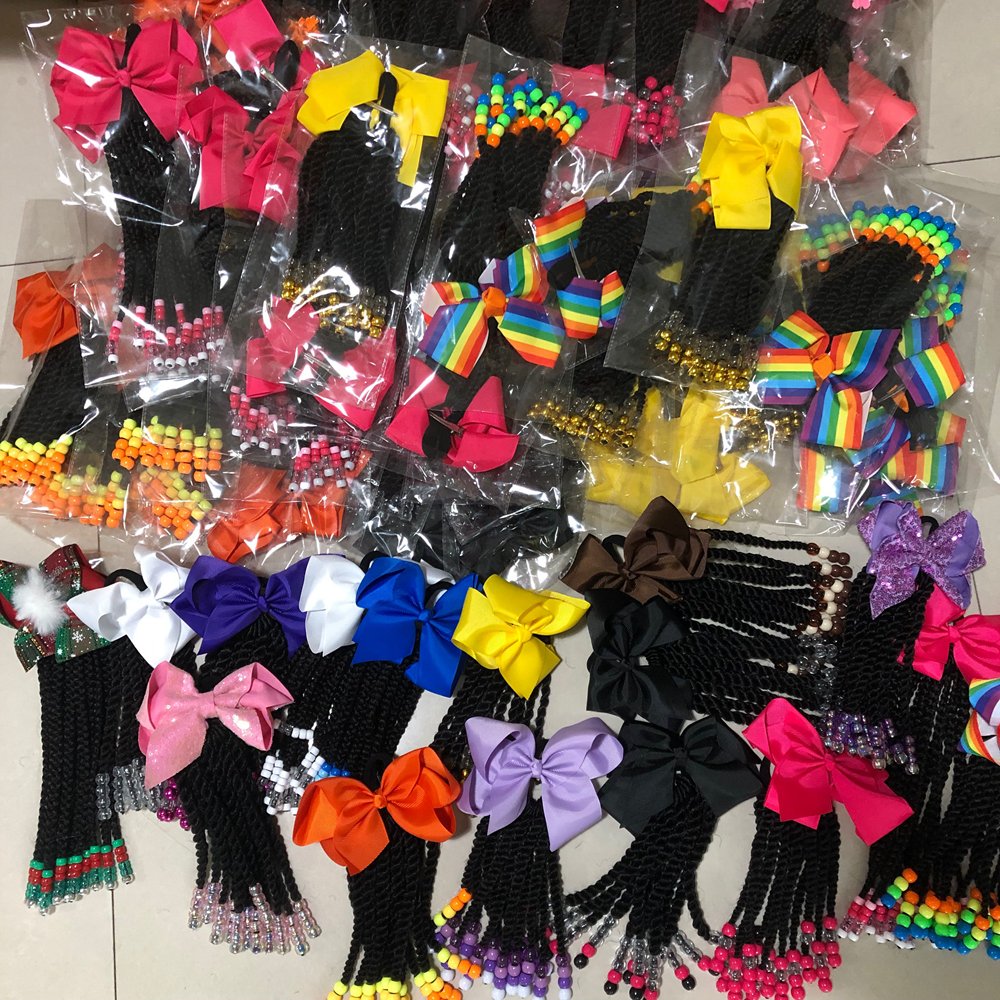 Kids Braid Twist Hair Ponytail Extension with beads bow rubber band 8inch Synthetic Wrap Around Ponytail for little girls kids