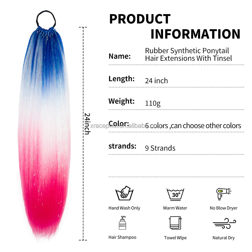 Highlight Hair Piece With Tinsel Glitter Braided Ponytail Extension With Elastic Rubber Band Synthetic