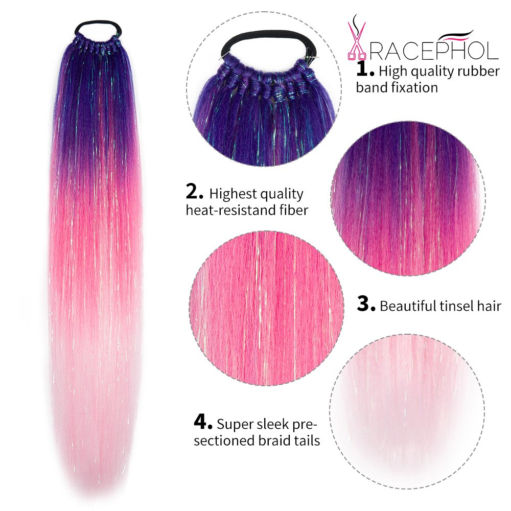 Highlight Hair Piece With Tinsel Glitter Braided Ponytail Extension With Elastic Rubber Band Synthetic