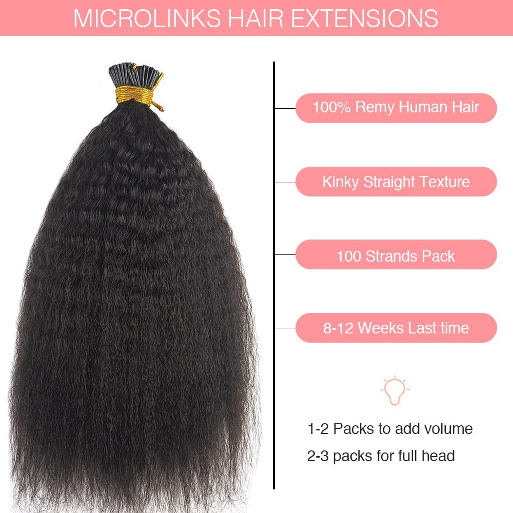 Kinky Straight I Tip Hair Extension Human Hair Italian Coarse Yaki MicroLinks Raw Keratin Hair Extension