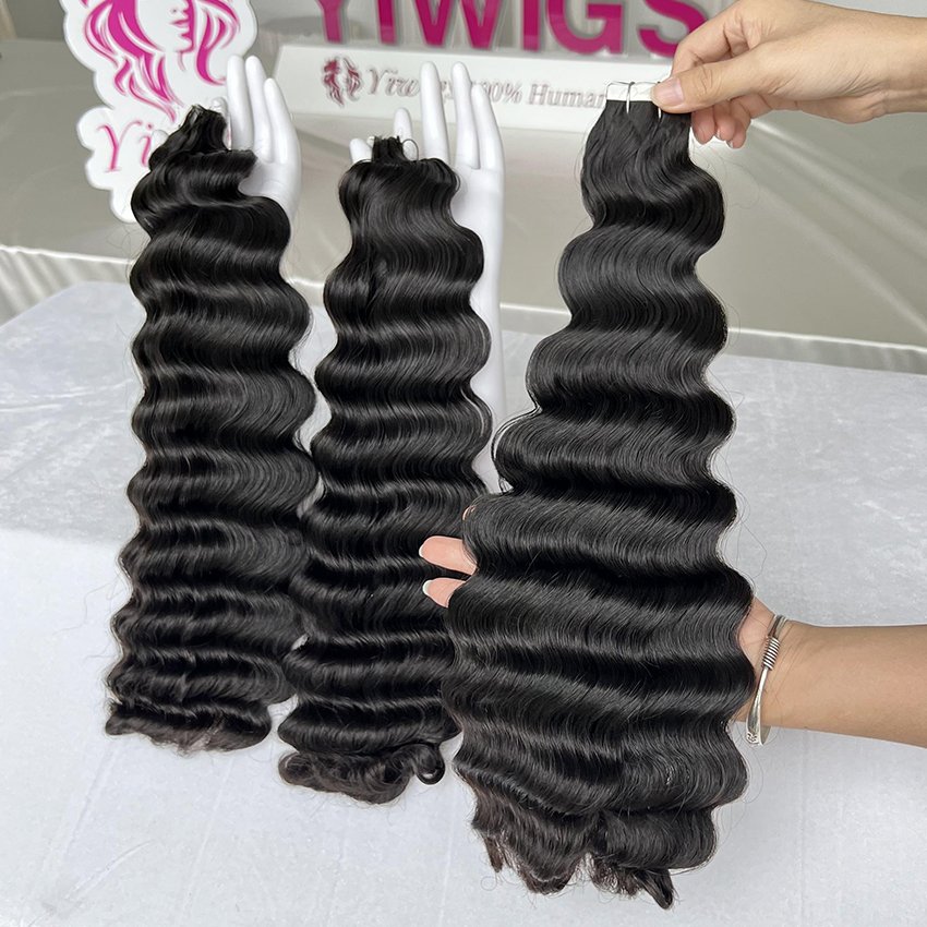 Deep Wave Tape In Human Hair Extensions Black Women 100g Brazilian Virgin Hair Tape Ins Extensions