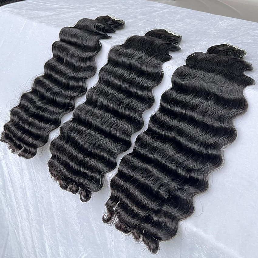 Deep Wave Tape In Human Hair Extensions Black Women 100g Brazilian Virgin Hair Tape Ins Extensions