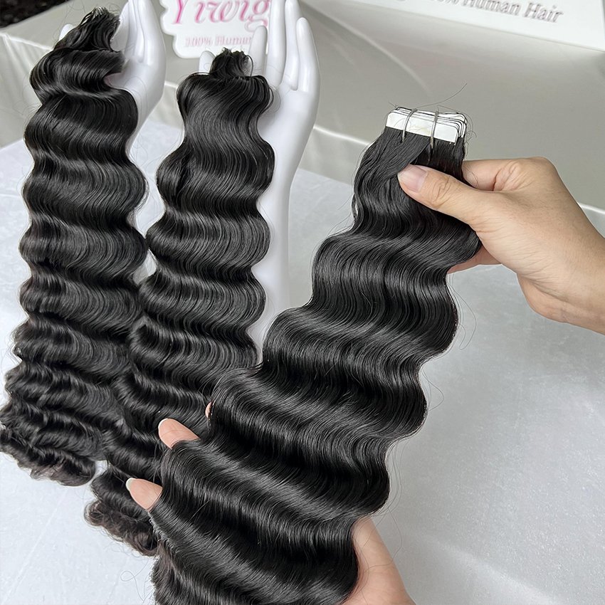 Deep Wave Tape In Human Hair Extensions Black Women 100g Brazilian Virgin Hair Tape Ins Extensions