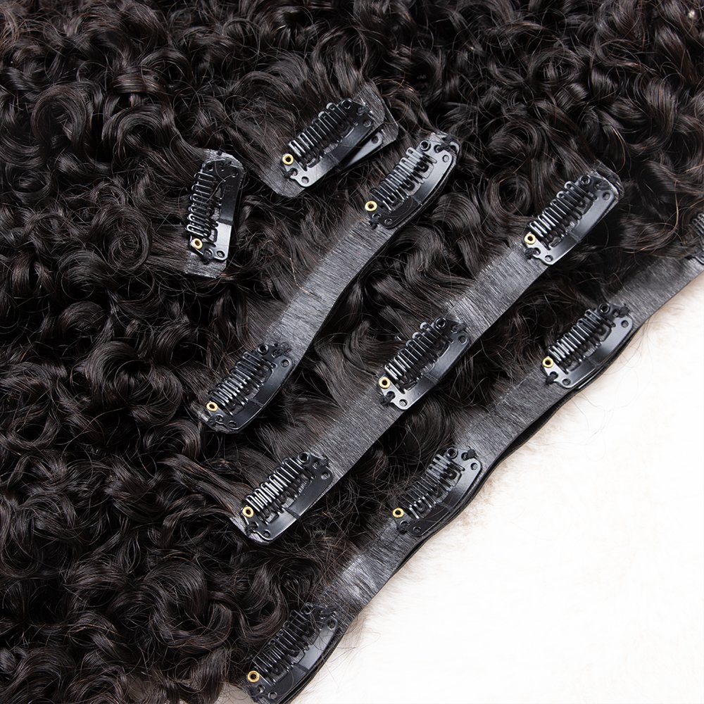 Ultra Full 10pcs Seamless Clips In Human Hair Extension Water Kinky Coily Curly Clip-In Extension Sets