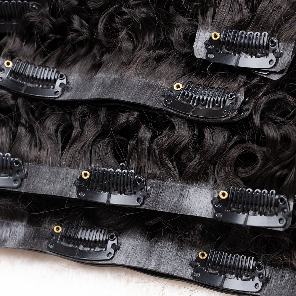 Ultra Full 10pcs Seamless Clips In Human Hair Extension Water Kinky Coily Curly Clip-In Extension Sets
