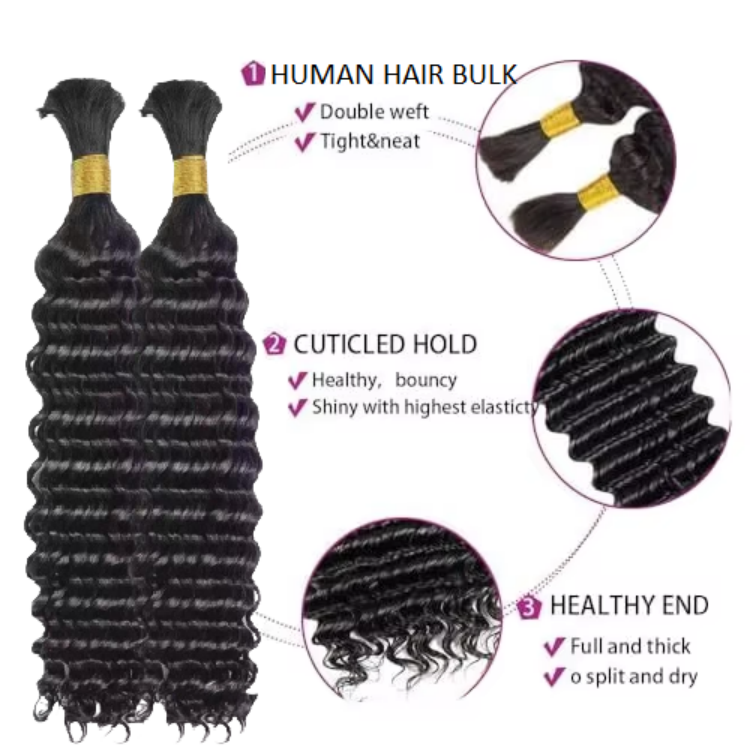 Wet and Wavy Bulk Human Hair Braiding Hair Extensions No Weft Deep Wave Bulk Human Hair for Braiding Wholesale Bulk Vendor