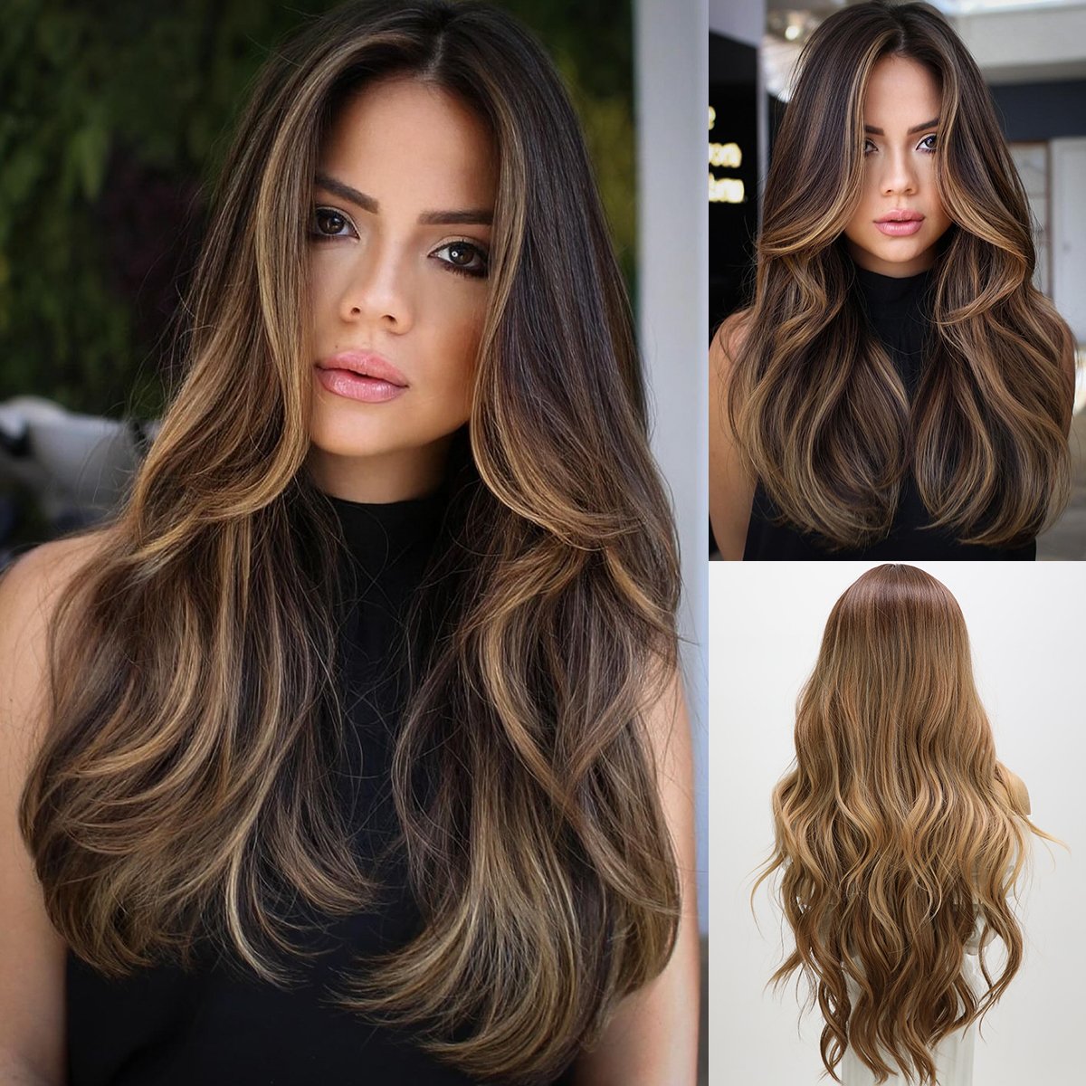 Smilco 28inch Brown Gradient Women's Long Wave Wave Split Wig for Daily Party Use Synthetic Heat Resistant Fiber Wig