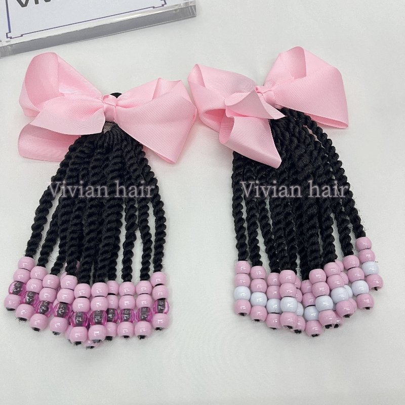 Vivian hair hot selling kids braided ponytail with beads and bow kids pony tails colorful beads with elastic band