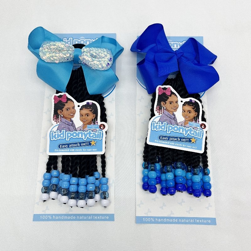Vivian hair hot selling kids braided ponytail with beads and bow kids pony tails colorful beads with elastic band