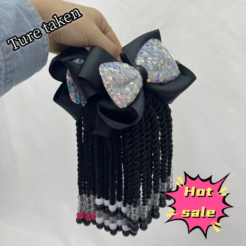 Vivian hair hot selling kids braided ponytail with beads and bow kids pony tails colorful beads with elastic band