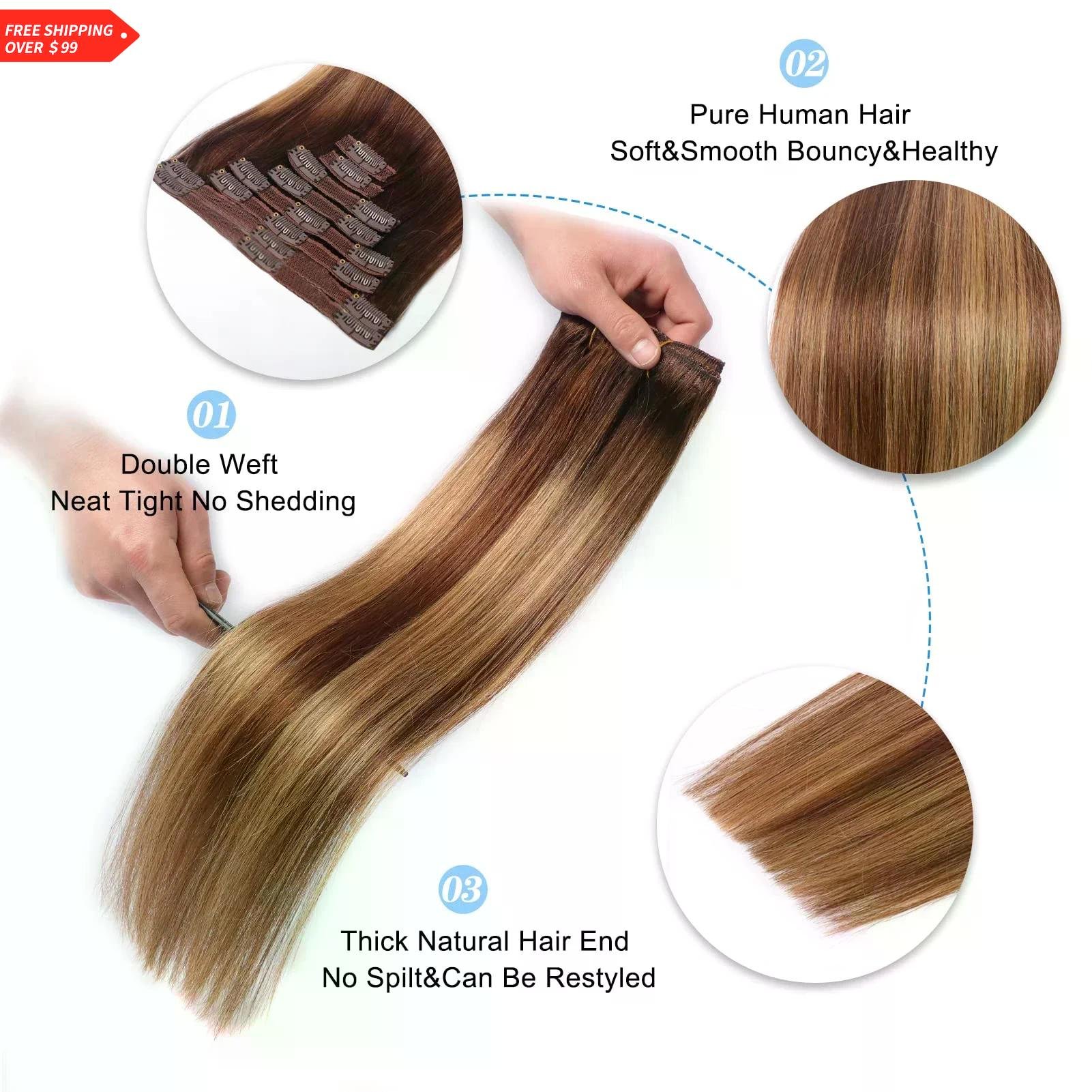 Clip in Human Hair Extensions 8pcs 120g 16-26 inches #P4/27