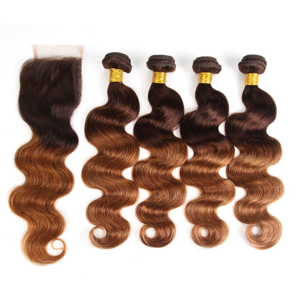 Top Grade Unprocessed Raw Virgin Brazilian Human Hair Extensions,4/30 Ombre Human Hair Weave Bundles With Closure