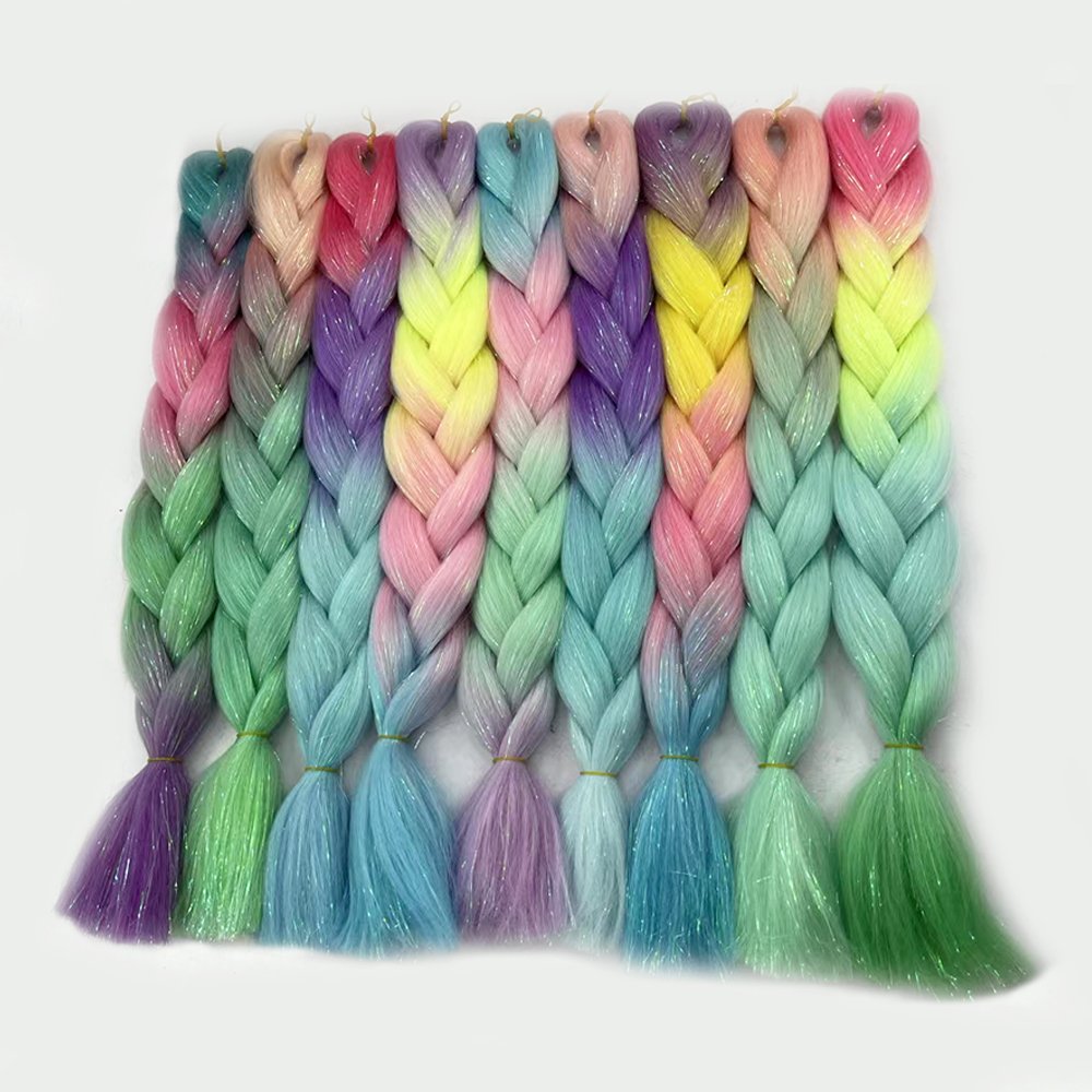 wholesale synthetic braiding hair with tinsel ombre color jumbo braids 24inch Glitter Tinsel hair extensions