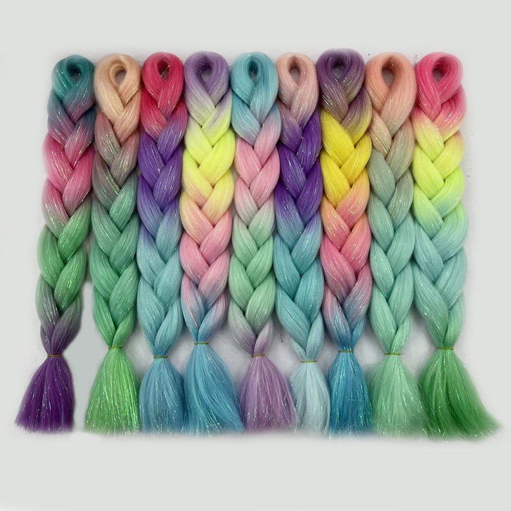 wholesale synthetic braiding hair with tinsel ombre color jumbo braids 24inch Glitter Tinsel hair extensions