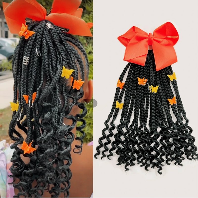 kids braided ponytail with beads ribbons curly end kids ponytail with beads and bow detachable ponytail for kids