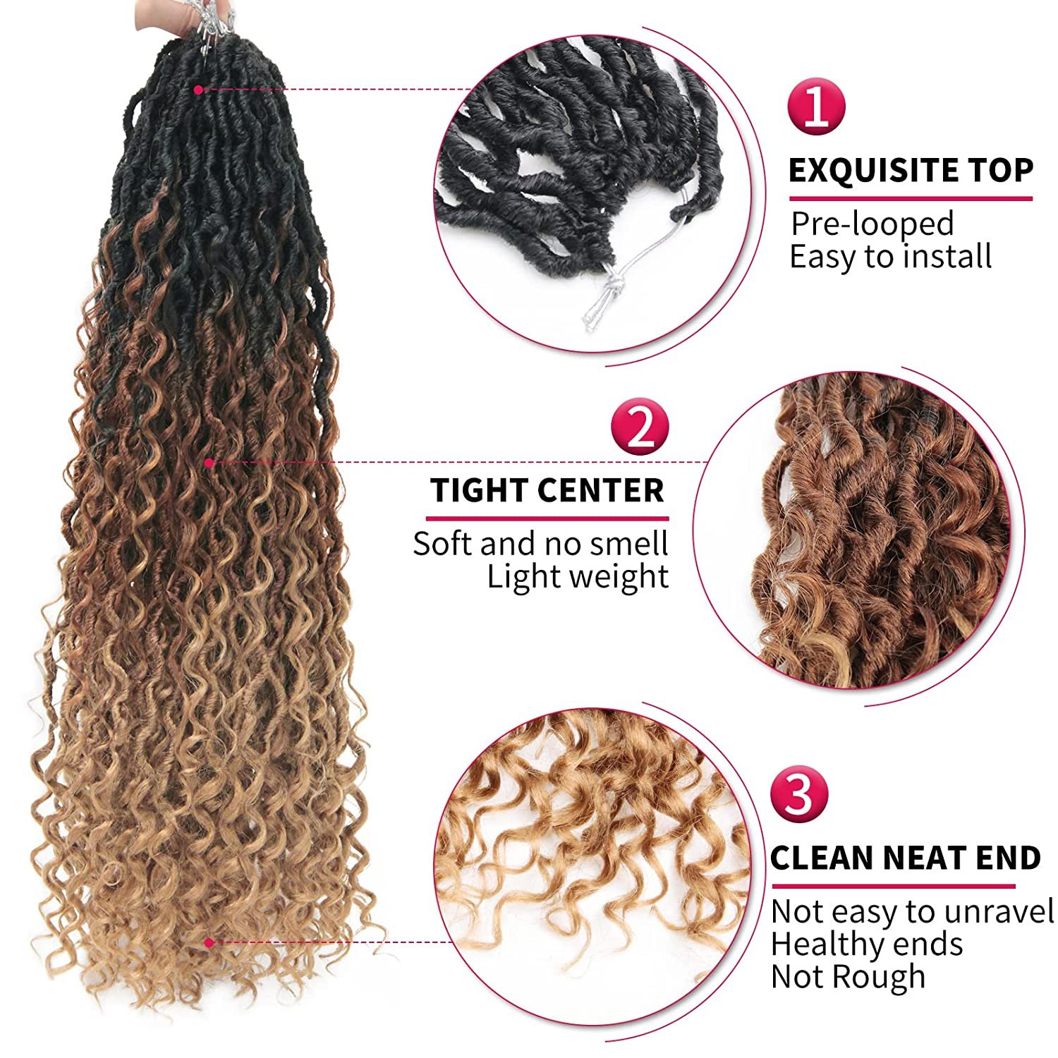 Goddess Locs Crochet Hair Extensions 18Inch ombre brown Pre-looped River Faux Locs Wavy Curly Faux locs Crochet Braids