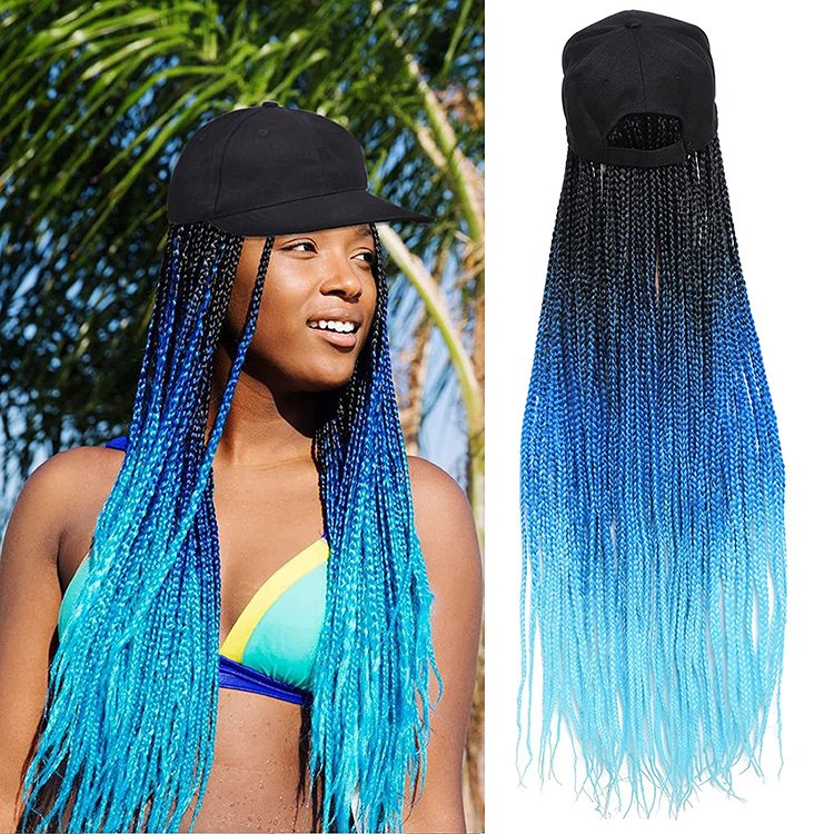 Long Baseball Cap Hat Wig Hair With Braided Box Braids For Women Hat With Hair Extensions Ombre Rainbow Synthetic Crochet Hair